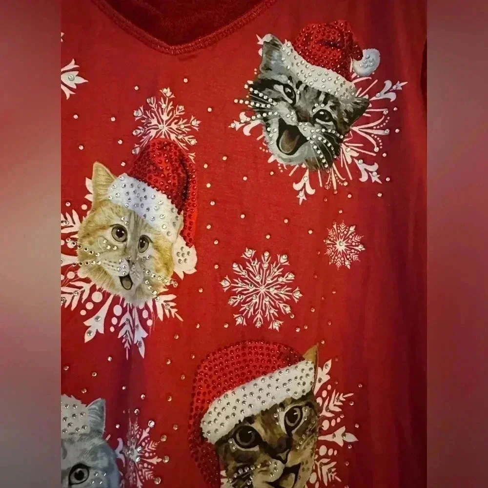 Onque Casual Red Sparkle Cat Embellished Holiday Ugly Christmas Sweater Women XL - Picture 2 of 6